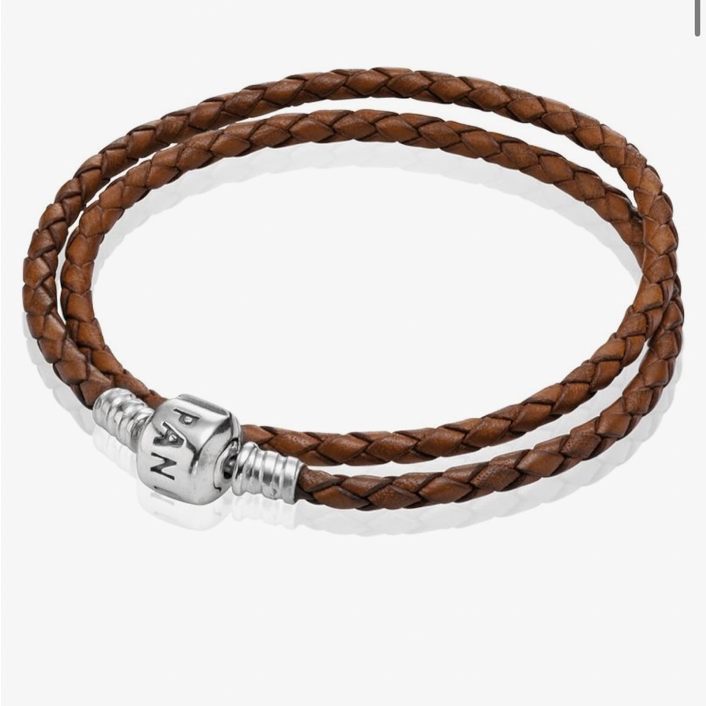 PANDORA Brown Braided Double Leather Charm Bracelet Necklace